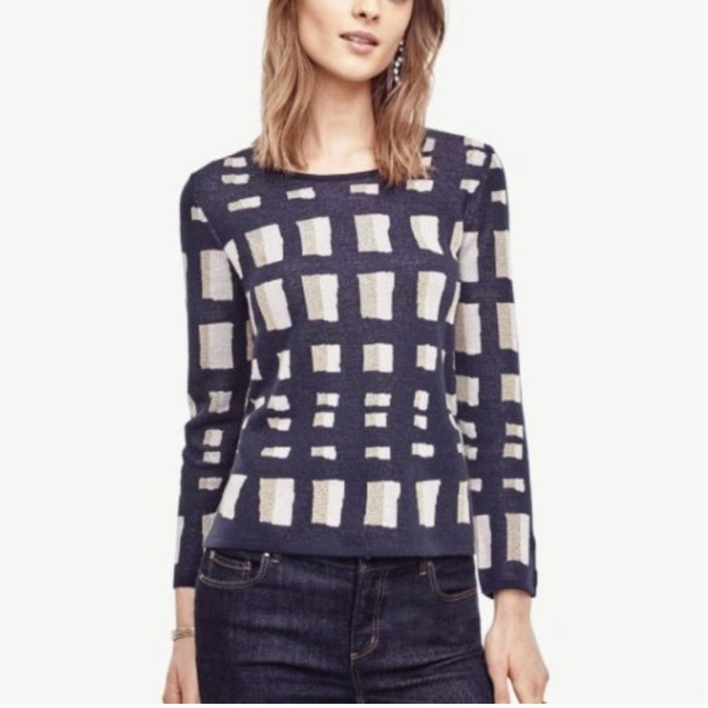 Ann Taylor Lattice Knit Black Gold Metallic Sweater Size M